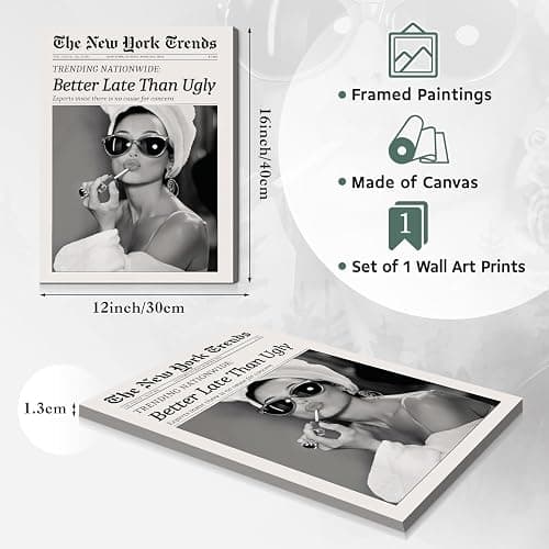 Dazzlewall Framed New York Trends Wall Art, Black and White Newspaper Better Late Than Ugly Funky Feminist Poster for Living Room Bedroom 12x16 in thumbnail 5