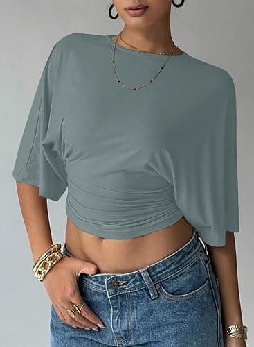 LOLONG Womens Crew Neck Half Sleeve Ruched Shirts Summer 2026 Casual Cinched Waist Crop Tops thumbnail 2