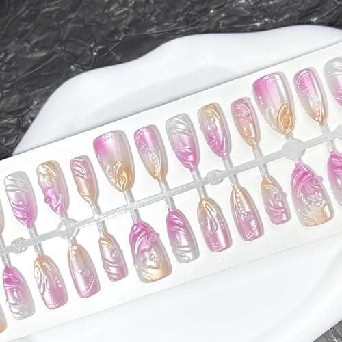 Cat Eye Fake Nails Almond Medium Press on Nails Pink Ombre False Nails Press ons 3D Spring Flowers Acrylic Nails Glossy Gradient Gel Artificial Nail with Designs Jelly for Women Girls Manicure 30Pcs thumbnail 4