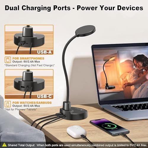 15W LED Desk Lamp with USB Charging Ports – Dimmable Table Lamp with 3 Color Temps, 5 Brightness, 4 Timers, Flexible Gooseneck Light with Base, Eye-Caring Reading Light for Home Office, Bedroom, Study thumbnail 4