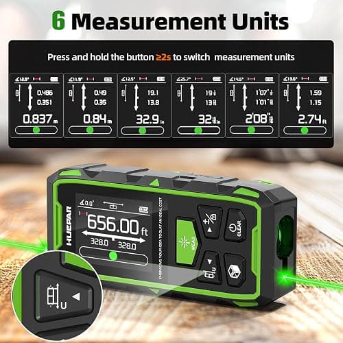 Huepar Dual Laser Measuring Tool, 656Ft Green-Beam Bilateral Digital Laser Distance Measure 6 Units Ft/in/M, Rechargeable Laser Measurement Tool -Backlit LCD Display, Length/Area/Volume/Angle Sensor thumbnail 6