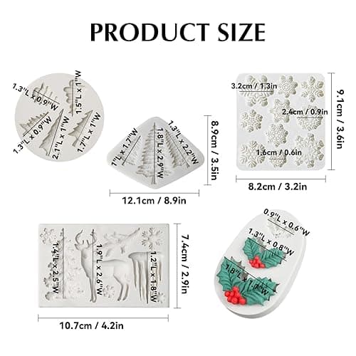 Christmas Fondant Mold Set of 5 Pieces- 3D Snowflake, Christmas Tree, Reindeer, Holly Leaf, Cupcake Topper for Cake Decorating Tools thumbnail 3