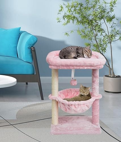 SYANDLVY Small Cat Tree for Indoor Cats, Activity Cat Tower with Scratching Post for Kittens, Modern Cat Furniture with Basket & Hanging Ball for Play Rest, Pink thumbnail 3