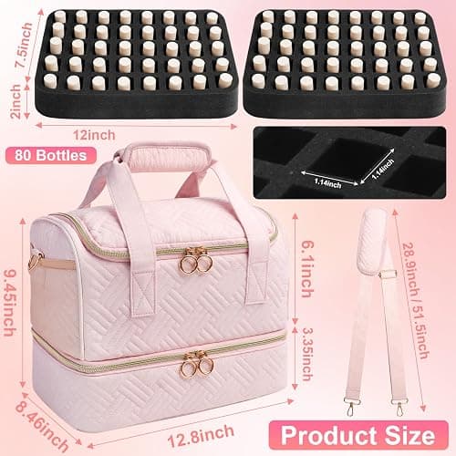 Veirdro Nail Polish Organizer Bag Holds 80 Bottles (15ml/0.5fl.oz)& Nail Lamp, Soft Velvet Nail Kit Storage Carrying Case with Shoulder Strap, Double Layer Nail Supplies Organizer Handbag Women (Pink) thumbnail 7
