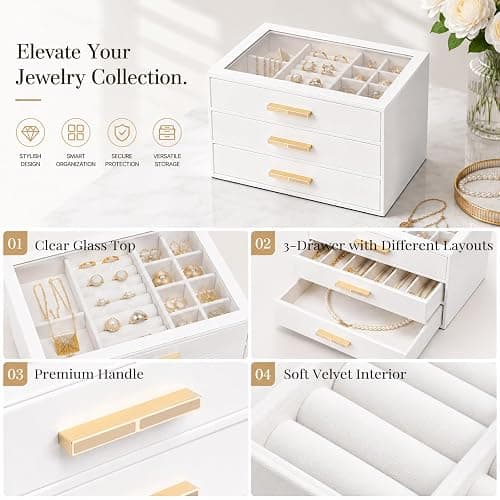 Vlando 3-Drawer Jewelry Box Organizer with Glass Lid, White | Faux Leather Jewelry Organizer for Rings Earrings Necklaces and More, Gift-Ready Jewelry Case for Women Girls or Moms thumbnail 4