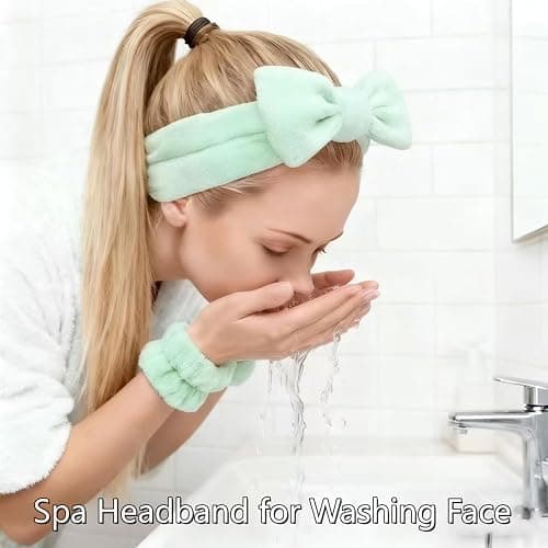 Yaqulen 7 Pcs Spa Set, Facial Headband and Wristband Set, Skincare Accessories, College Style Girl Idea Gifts, Hair Accessories for Women and Girls（Light Green） thumbnail 4
