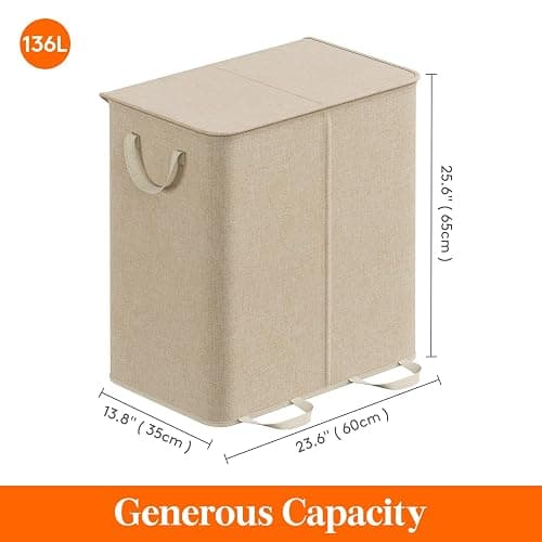 Lifewit Double Laundry Hamper with Lid and Removable Laundry Bags, Large Collapsible 2 Dividers Dirty Clothes Basket with Handles for Bedroom, Laundry Room, Closet, Bathroom, College, 136L Beige thumbnail 3