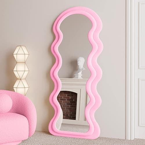 BOJOY Full Length Mirror 63"x24", Irregular Wavy Mirrors, Wave Arched Floor Mirror, Wall Mirror Standing Hanging or Leaning Against Wall for Bedroom, Flannel Wrapped Wooden Frame Mirror-Pink thumbnail 5