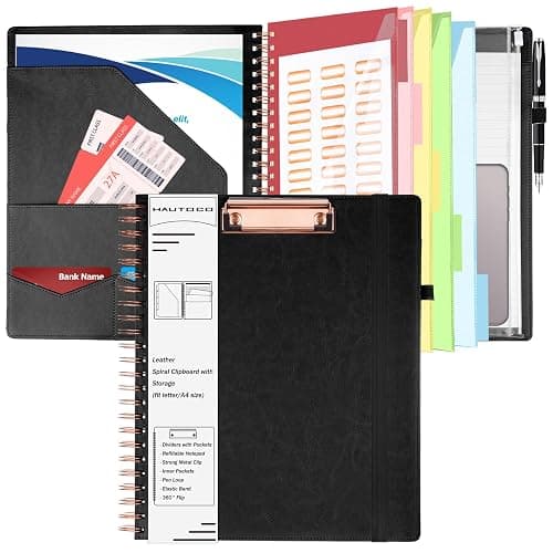 HAUTOCO Spiral Leather Clipboard Folio with Notepad (8.5 x 11''), 5 Folders with 10 Pockets, Storage Zipper Pouch, Pen Loop, 39 Stickers, Padfolio Organizer for Work School, Black - Image 1