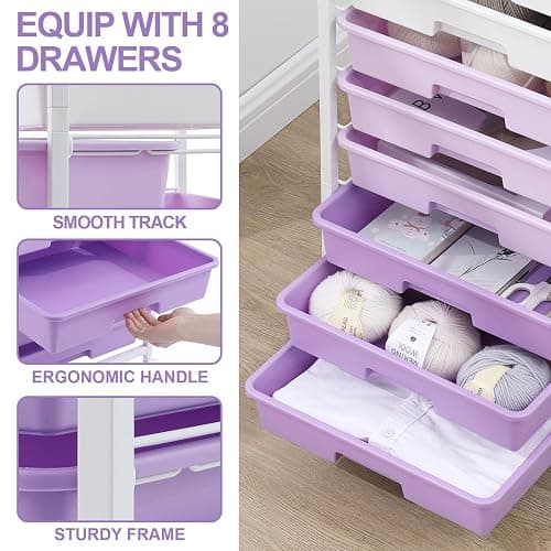 SYKIARIOL Rolling Cart with Drawers,Utility Cart With 8 Drawers and Wooden Tabletop for Living Room,Classroom,Bedroom,Bathroom,Dorm,Office,Purple thumbnail 3