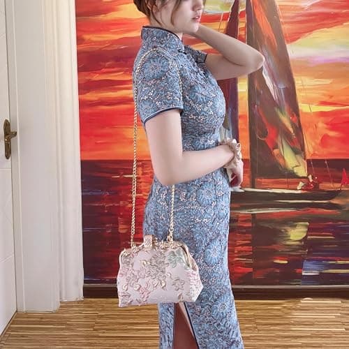 YeBon Retro Shoulder Chain Messenger Clutch Chinese Style Crane Embroidered Jacquard Women's Evening Bags (Golden Pink Flower) - K Pink Flower thumbnail 8