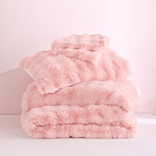 YIKUSH Full Faux Fur Soft Comforter Set, Fluffy Pink Rabbit Fur Comforter | Warm Thick Full Size Bedding Set,Super Fluffy Luxury Pink Comforter for Winter, Easy Care (1 Comforter, 2 Pillowcases) thumbnail 7