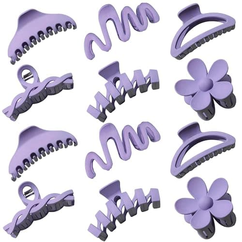 12 Pcs Claw Clips, Multi-Shapes Hair Clips for Women Girls, Non-Slip Large Jaw Claw Clips for Thick Thin Curly Hair Accessories (Purple) - Image 1