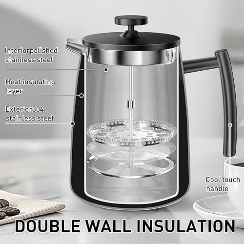 Secura 50oz French Press Coffee Maker – 304 Stainless Steel, Insulated Coffee Press with Extra Filter, Black thumbnail 2