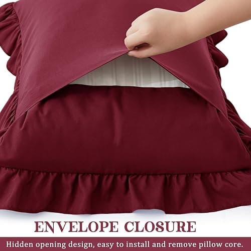 KKJIAF Ruffle Pillow Cases Standard Size Set of 2, Ruffled Pillow Covers with Envelope Closure, Wrinkle Resistant Ruffled Pillow Shams 20" x 26", Burgundy thumbnail 5