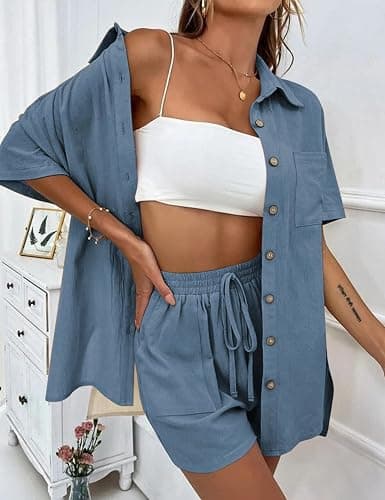 QIBABU Women's Linen Shorts Sets 2 Piece Summer Short Sleeve Top and Shorts Sweatsuit Set Vacation Beach Outfits thumbnail 3