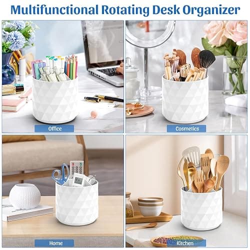 minimaliving Desk Organizer,Sparkling Diamond-like Pen Holder for Desk 360°Rotating Office Accessories,Pencil Cup with 5 Compartments Storage Box Caddy for Office,School,Home,Art Supply(White) thumbnail 4
