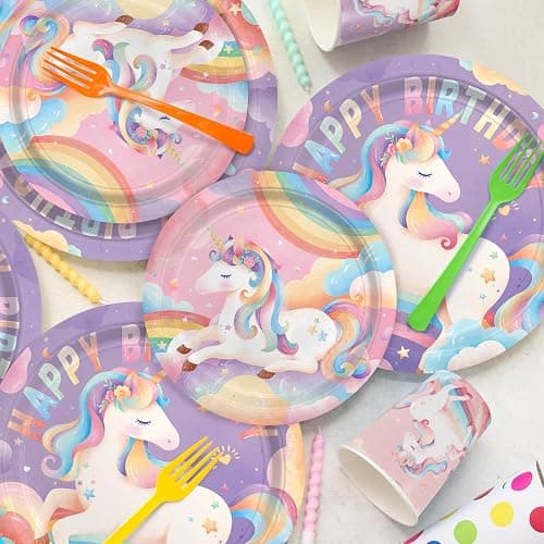 birthday Party Supplies Kit for 24 Guests - for Unicorn Birthday Decorations, Includes Dinner & Dessert Plates, Napkins, Cups, Banner and Tablecloth for Unicorn 1st Birthday Party Decorations thumbnail 2