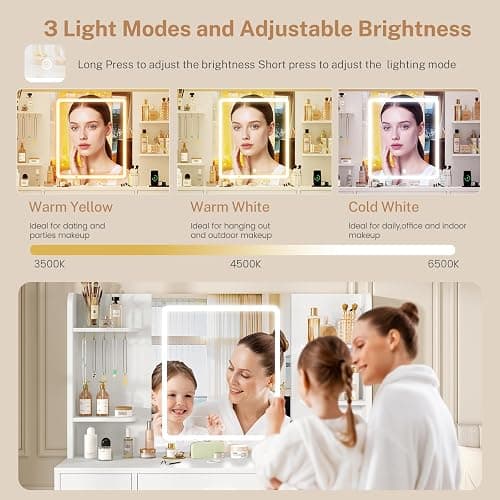 FIONESO Large Vanity Desk with LED Lighted Mirror & Power Outlet, Makeup Vanity Table with 7 Drawers,4 Shelves and 5 Hooks, White Vanity for Bedroom, Bathroom thumbnail 5