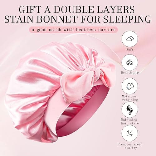Hroevc No Heat Overnight Curls with Double Layer Satin Bonnet - Soft Hair Curlers to Sleep In, heatless Curling Rods Set + Silk Bonnet for Women & Girls Long Hair, Heatless Waves & Volume (Pink) thumbnail 2