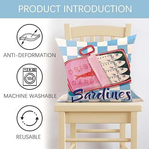 Fjfz Sardines Can Decorative Throw Pillow Covers 18 x 18 Set of 4, Beach Coastal Fish Fisherman Aesthetic Porch Outdoor Home Decor, Retro Nautical Plaid Stripes Argyle Sofa Couch Cushion Case thumbnail 4