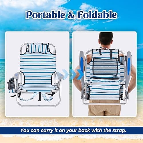 Canpsky 2 Pack Lightweight Portable Camping Beach Chair for Adults, Outdoor Lay Flat Folding Beach Chairs with 5 Positions, Backpack Beach Chair with Towel Bar, Zipper Pouch, Cup Holder, White Striped thumbnail 7