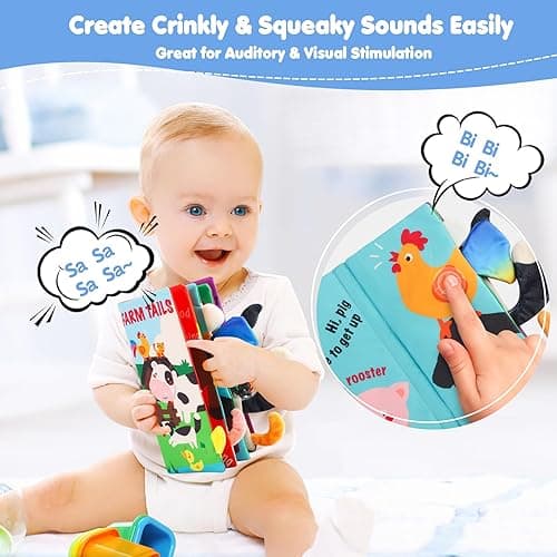 beiens Soft Toys Baby Cloth Books, Touch and Feel Crinkle Books for Babies, Infants & Toddler, Early Development Interactive Car Toys & Stroller Toys for Boys & Girls (Farm Tails-1 Book) - Farm thumbnail 4