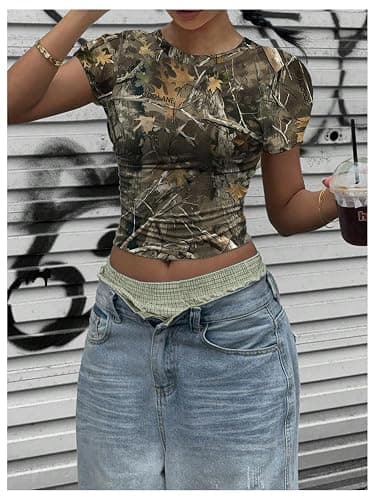 RoseSeek Women's Y2k Camo Maple Leaf Print Crop T Shirts Crew Neck Short Sleeve Slim Fit Tops Grunge Going Out thumbnail 4