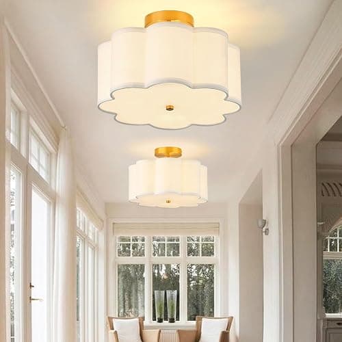 Giutna 13.3"Semi Flush Mount Ceiling Light Fixture, 3-Light Modern Close to Ceiling Light With Fabric Flower-Shaped Shade, Light Fixtures Ceiling Mount for Bedroom Nursery Kids Room Living Room(Gold) thumbnail 6
