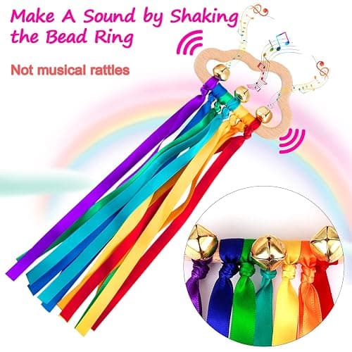Baby Sensory Wooden Rattle Toys - 2PCS Rainbow Ribbon Rattles Ring Toy for Babies 0-6 Months, Wood Baby Montessori Toys with Bells for 0-12 Months Newborns Infants Toddlers Boy Girl as Shower Gifts thumbnail 3