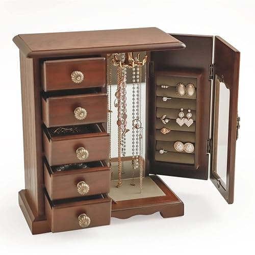 Kendal Wooden Jewelry Box for Women, Solid Jewelry Organizer With 5 Drawer, Jewelry Holder Organizer, Wood Jewelry Case with Butterfly Pattern & Mirror for Necklaces, Earring, Rings (Brown with 5 drawer) thumbnail 9