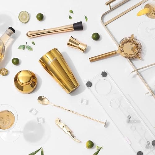 Btuqbu Cocktail Shaker Set with Arcylic Stand, Mixology Bartender Kit for Drink Mixing | Mixology Set with 7 Bar Set Tools Cocktail Kit (Gold) - GOLD - Plastic thumbnail 8
