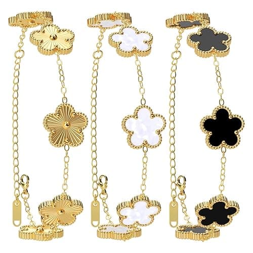 AICase 18K Gold Plated Clover Bracelet Dupes Gold/White/Black Bracelet Set for Women Flower Leaf Lucky Clover Bracelets Trendy Jewelry Birthday Gifts for Women/Mon/Friends - Image 1