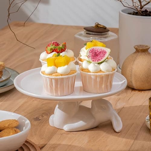 LA JOLIE MUSE Cupcake Stand, Easter Decorations, Ceramic Dessert Plates for Eggs and Cookies, Bunny Candy Dish Gifts, 8.3 Inch White thumbnail 5