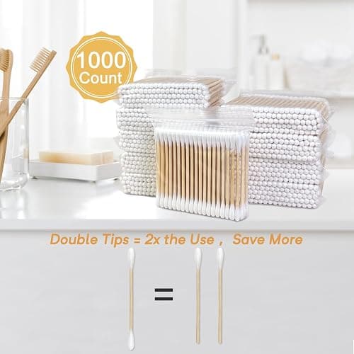 Bamboo Cotton Swabs, Soft Lint-Free Double Tips, 1000 Count Storage Box | Rounded Tips Feel Gentle For Outer Ear Care, Face Cleaning, Skincare, Daily Touch-ups thumbnail 3