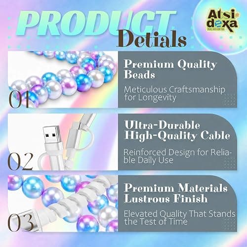 Atsidexa 4-in-1 Beaded Charging Cable, MFi Certified, Works with CarPlay, 3.3FT 60W Fast Charger Cord for iPhone 17/16/15/14/13/12/11, iPad, Samsung, Android and More (Mermaid Glow) thumbnail 7
