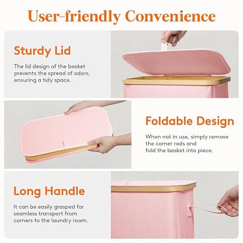 Lifewit 65L Slim Laundry Hamper with Lid, Narrow Laundry Basket with Removable Bag & Bamboo Handles, Fodable Thin Dirty Clothes Hamper for Laundry Collapsible Bin for Bathroom Bedroom Dorm, Pink thumbnail 5