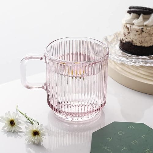 Lysenn Pink Glass Coffee Mug with Lid - Premium Classical Vertical Stripes Glass Tea Cup - for |Latte|Tea|Chocolate|Juice|Water| - Unleaded - Bamboo Lid - 12.5 Ounces thumbnail 2