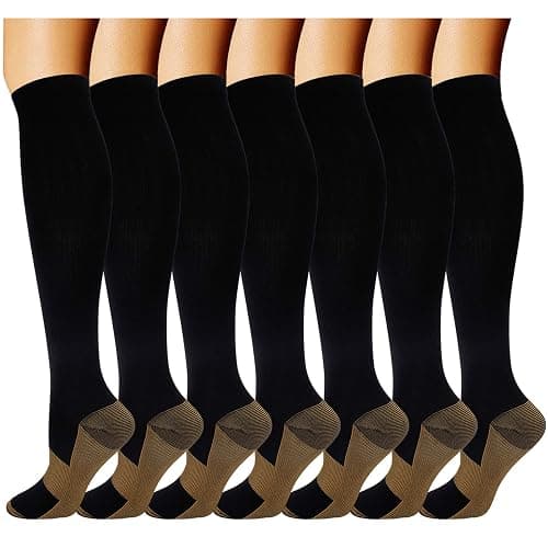 Double Couple 7 Pairs Copper Compression Socks for Men Women 20-30 mmHg Knee High Stockings - Large-X-Large - Black - Image 1