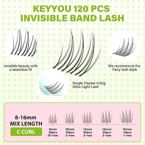 KEYYOU Natural Lash Clusters,Aurora Wispy Lashes,Seamless Mascara Look | Untra-Thin 0.03mm Clear Band,Beginner-friendly,Poke-Free Comfort,Featherlight Fibers,Daily Attendance,Eyelash Clusters,8-16mm thumbnail 3