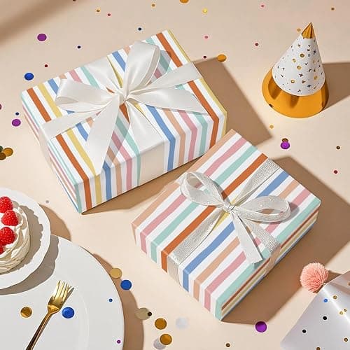 RUSPEPA Watercolor Striped Wrapping Paper Roll for Girls, Mini Roll, Colorful Brushstroke Stripe Design, Adorable Gift Wrap for Paper Birthday, Baby Shower, Wedding, Anniversary, 17 Inches x 16.4 Feet thumbnail 5