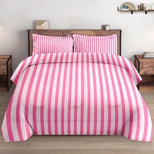 Pamnest Comforter Set Queen Size, Stripe Pink Retro 3 Pcs Soft Bedding for Kids and Adults, Geometric Striped Black Comforter Set with Pillowcase, for Bedroom Bed Decor thumbnail 3