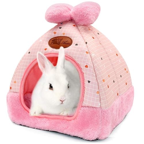 YUEPET Bunny Bed, Rabbit Hideout, Guinea Pig Cave Bed, Pink Grid | Bunny Hideout, Enclosed Cave Design, Removable Cushion, Foldable Rabbit Hideaway Design, Pink Grid with Bow, Indoor Cage Use - Image 1