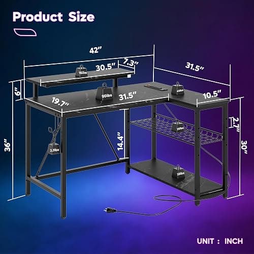 Bestier Small Gaming Desk with Power Outlets,42 L Shaped LED Computer Desk with Monitor Stand Reversible Storage Shelves,Corner Gamer Desk with Headset Hooks USB Port,Black Marble thumbnail 3