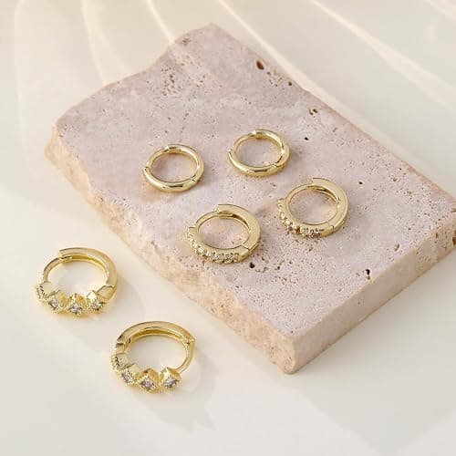 Rotnso Gold Hoop Earrings Set for Women Trendy, 14K Gold Plated Chunky Hypoallergenic Small Diamond Cartilage Hoops Cute Cubic Zirconia Dangle Stud Earrings Jewelry Gifts thumbnail 8