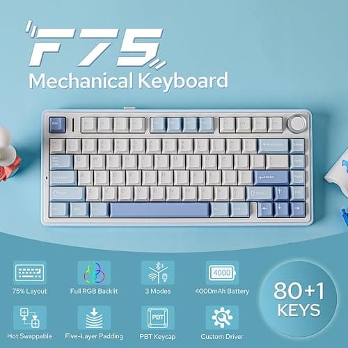 EPOMAKER x Aula F75 Gasket Mechanical Keyboard, 75% Wireless Hot Swappable Gaming Keyboard with Five-Layer Padding&Knob, Bluetooth/2.4GHz/USB-C, RGB (Sea Salt Blue, LEOBOG Reaper Switch) thumbnail 2