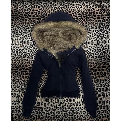 Vintage Fur Hood Jacket Fitted Zip Up Long Sleeve Hoodie Retro Cute Winter Streetwear thumbnail 6