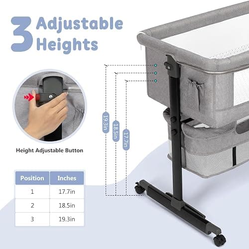 Semphis Baby Bassinet, 3 in 1 Bassinets Bedside Sleeper, Adjustable Height Bedside Sleeper with Rocking Mode, Breathable Mesh, Storage Basket, Wheels, Easy Assemble & Folding (Gray) thumbnail 2