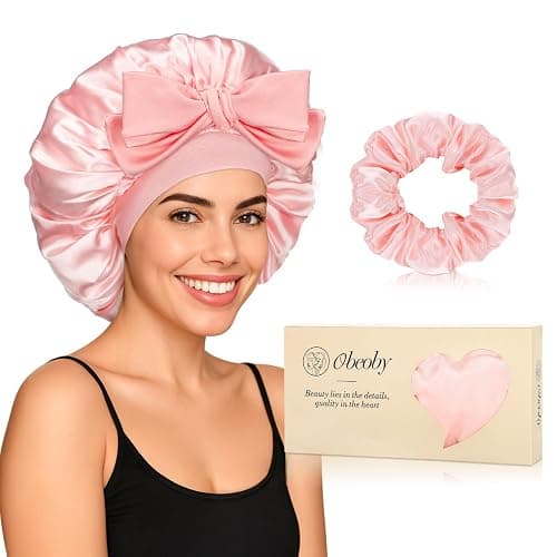 Double-Layer Satin Silk Sleep Bonnet for Women with Adjustable Tie Band - Hair Protection for Curly Natural Wavy Hair - Includes 1 Free Silk Hair Scrunchies, Pink Birthday Mothers Day Gifts - Image 1