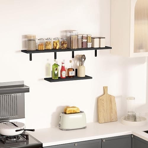 upsimples Floating Shelves for Wall Decor Storage, Wall Mounted Shelves Set of 3, Sturdy Small Wood Shelves with Metal Brackets Hanging for Bedroom, Living Room, Bathroom, Kitchen, Book, Black thumbnail 6